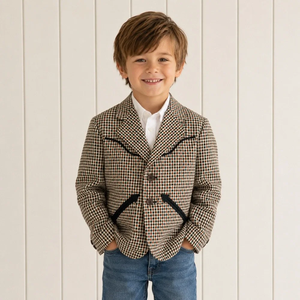 Vintage Western Blazer Show Jacket Boys Size 6 Green Check Smile Yoke Equestrian